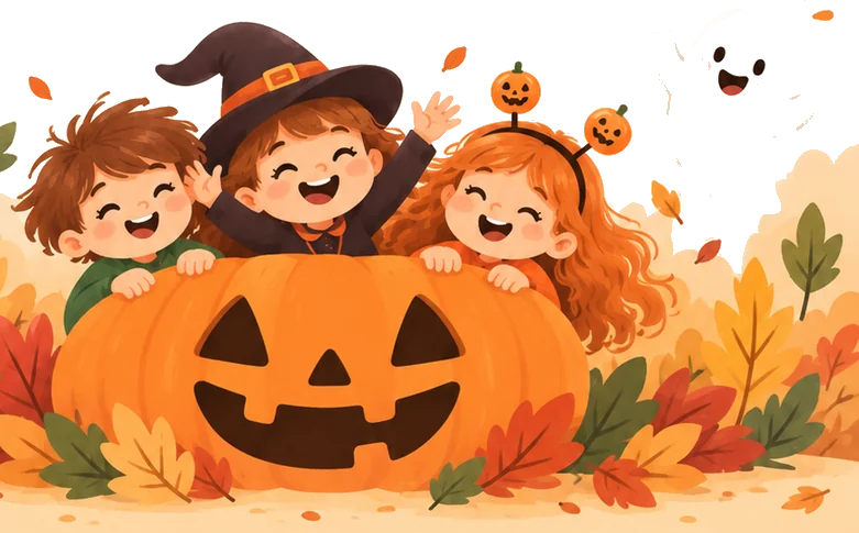 Trois enfants déguisés pour Halloween derrière une grosse citrouille
