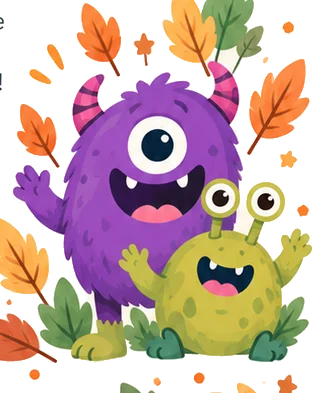 Deux petits monstres souriants, un violet et un vert