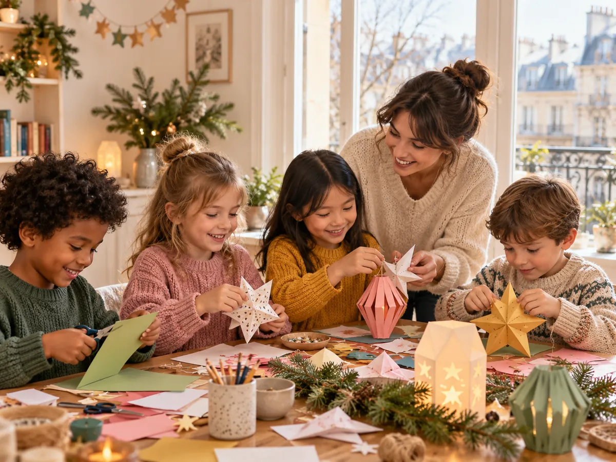 Illustration d’un atelier créatif d’hiver avec des enfants et leur enseignante