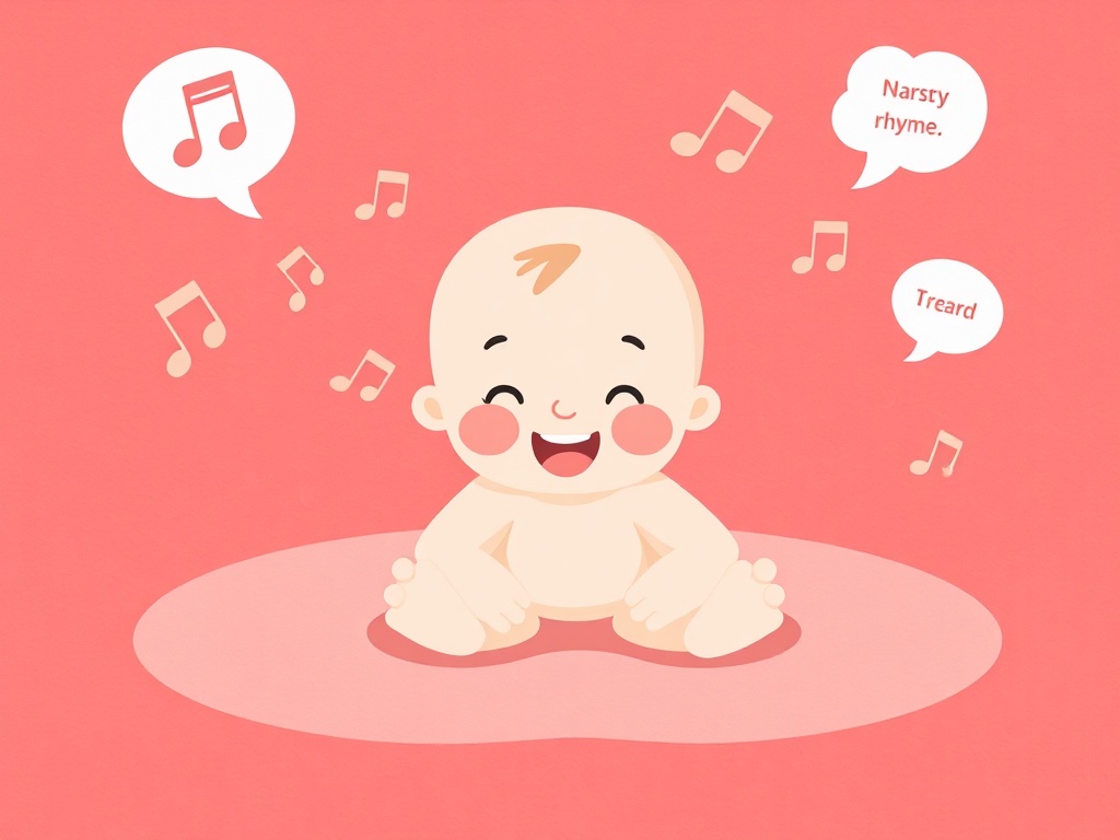 Illustration d'un bébé entouré de notes de musique et de bulles de comptines, symbolisant l'éveil précoce de l'oreille aux langues