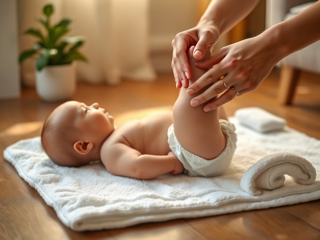 Mains d'un parent massant doucement les petites jambes d'un nourrisson posé sur une serviette blanche moelleuse, lumière douce d'intérieur