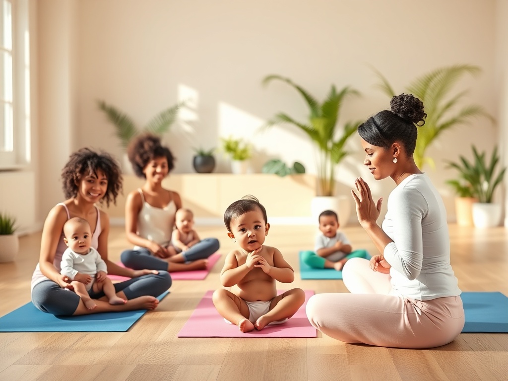 Groupe de parents et bébés en séance de baby yoga dans un studio lumineux avec tapis colorés, instructrice souriante en avant-plan