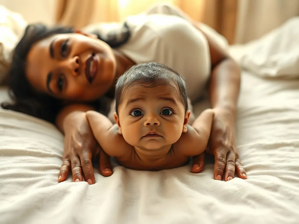 Mère allongée sur le dos, son nouveau-né posé contre sa poitrine ventre contre ventre pour une séance de tummy time peau à peau, regard tendre, lumière tamisée d'une chambre parisienne