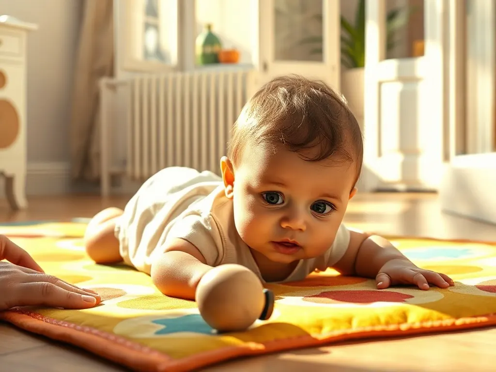 Bébé de 4 à 5 mois en position sur le ventre sur un tapis de jeu coloré, tête et torse relevés, tendant la main vers un jouet en bois, appartement parisien clair