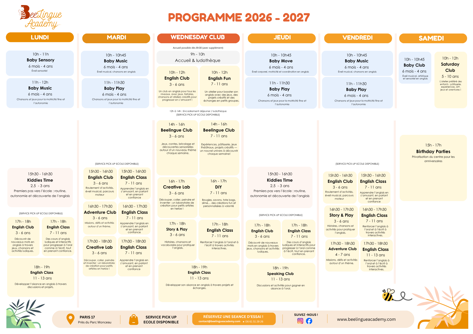 Programme 2026-2027 — Planning hebdomadaire