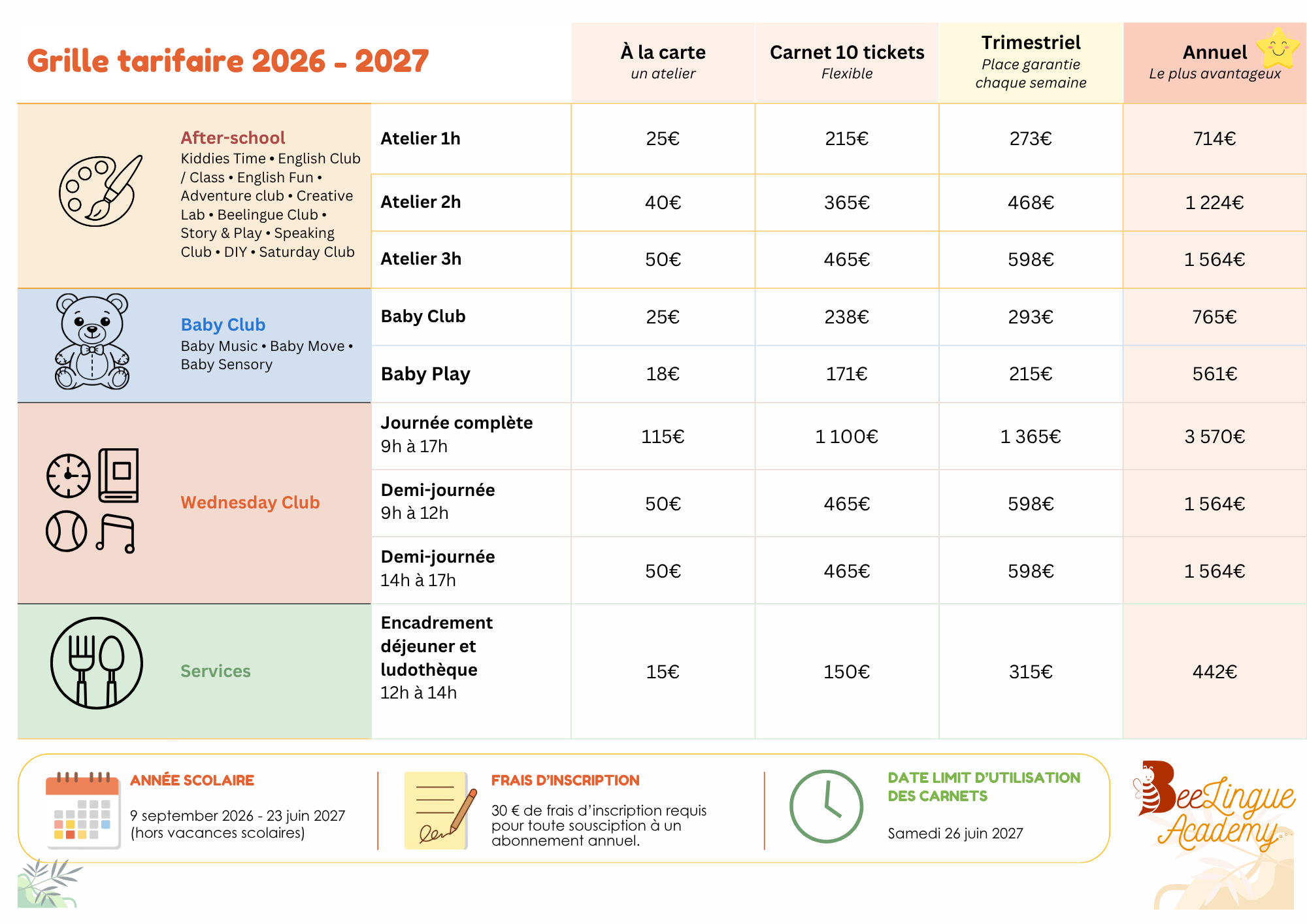 Grille tarifaire 2026-2027